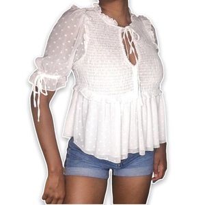 White, Zara, Ruched Blouse with Keyhole & Milkmaid Mesh Sleevesl